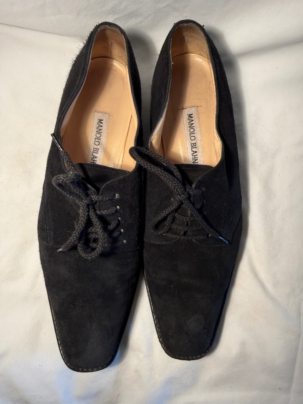 Vintage Manolo Blahnik Black Suede Oxford Lace-up Flats Size 39